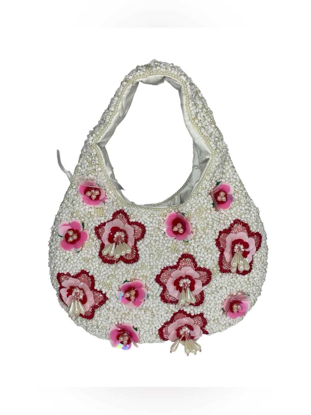 NWT Viral TikTok Beaded White & Pink Floral Handbag Purse Bag Made in India NEW